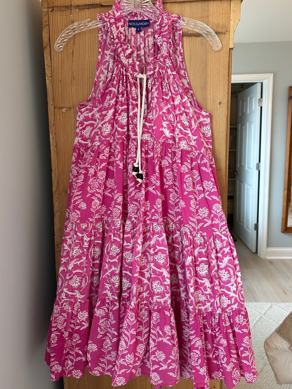 Ros Garden Hot Pink Floral Tie-Neck Mini Dress